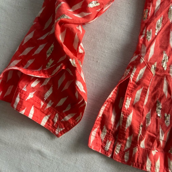 Tory Burch Ikat Sequin Tunic Top Red Gold Cotton Size 12 | Boho Chic - Picture 5 of 7